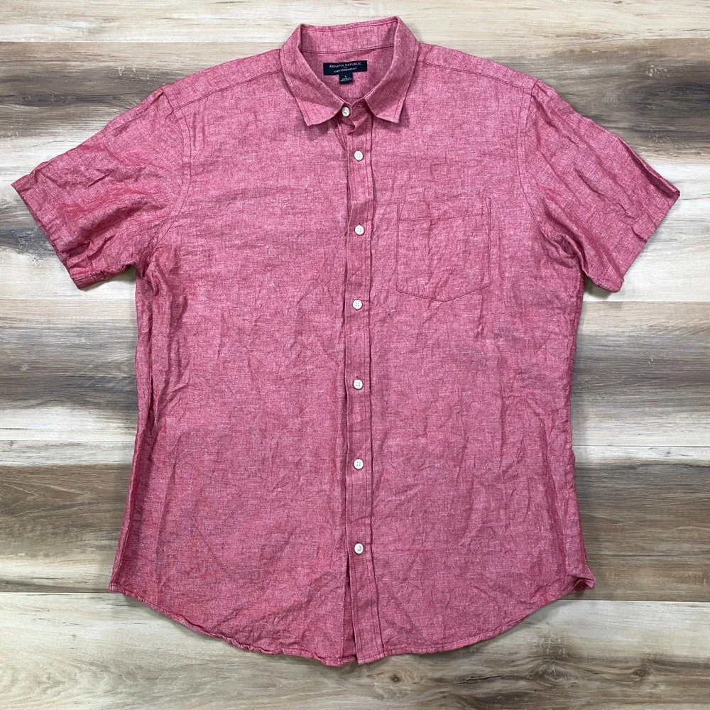 Banana Republic Shirt Mens L Linen Cotton Standard Fit Short Sleeve Red Summer